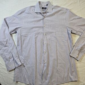 Hugo Boss Mens Purple Striped Button-Down Shirt Size 17 / 36-37 Sharp Fit Cotton